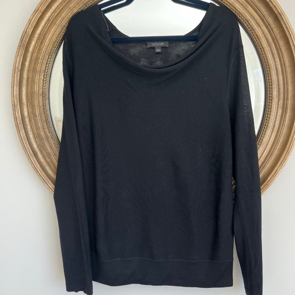 Ann Taylor Black Merino Wool Sweater with draped neck